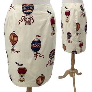 Vintage 90s Talbots Pencil Skirt Hot Air Balloon Print Cotton Ivory NEW Womens 8